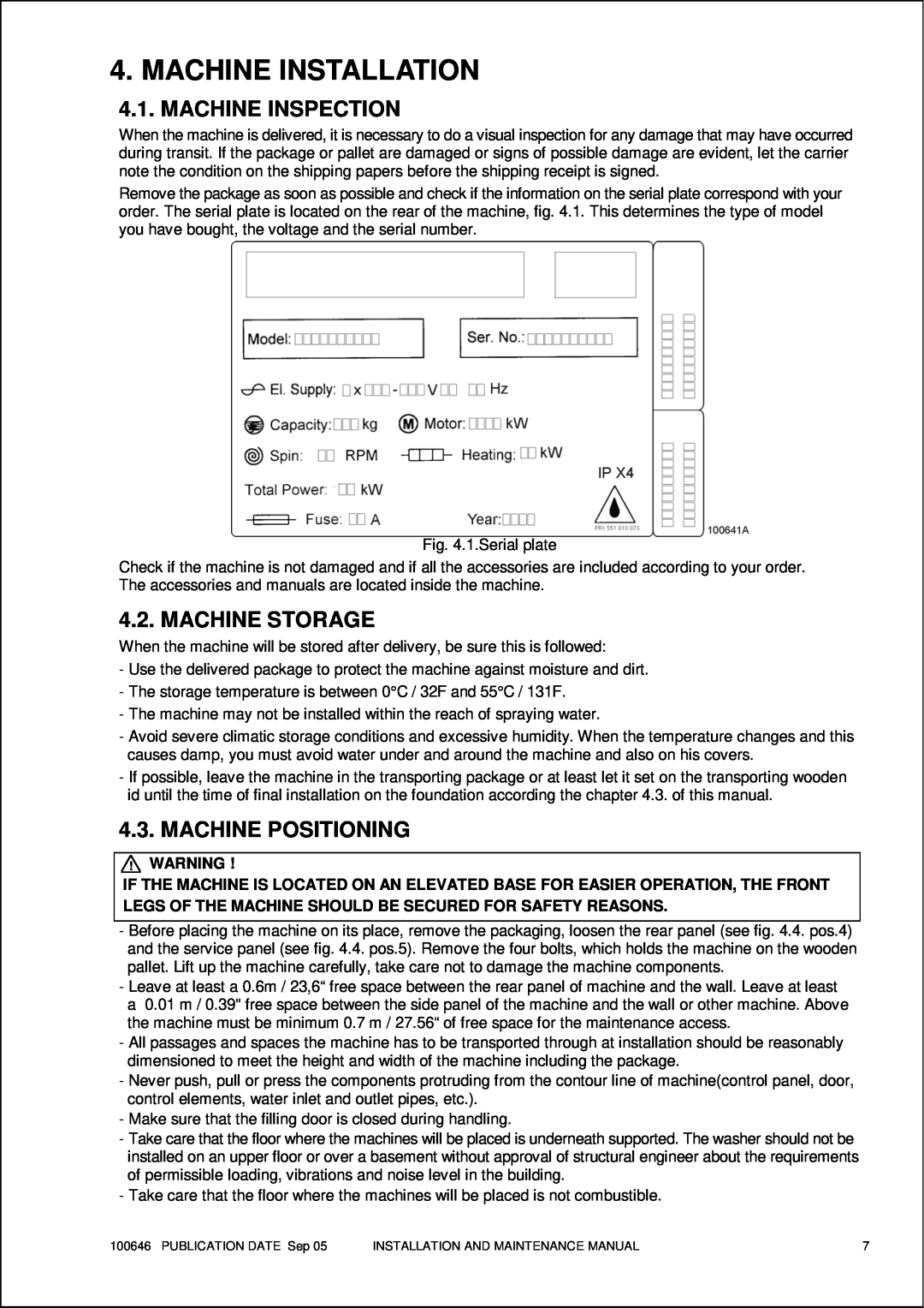 Maytag MFS 25-35 manual Machine Installation, Machine Inspection, Machine Storage, Machine Positioning 