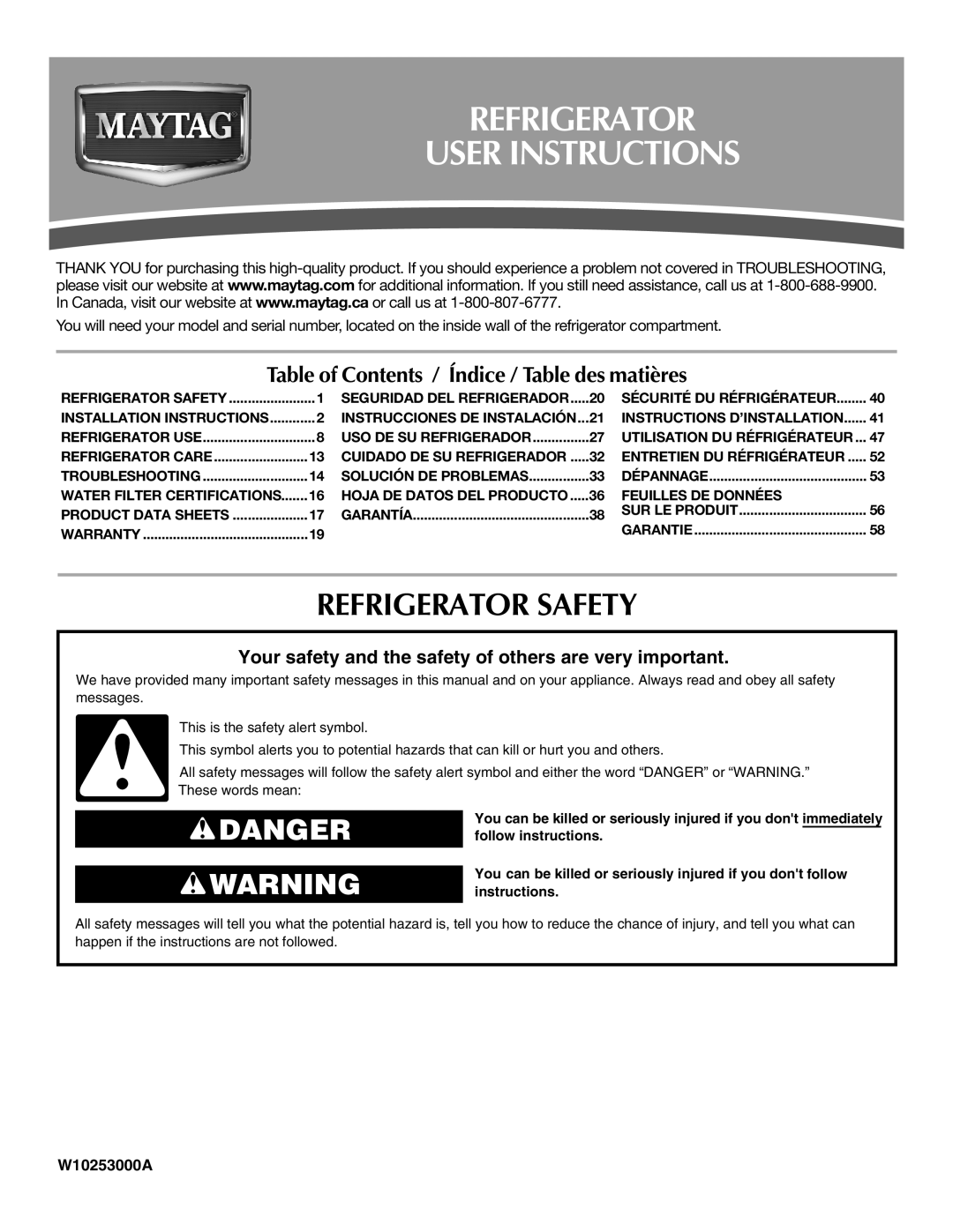 Maytag MFT2771WEM installation instructions Refrigerator User Instructions, Refrigerator Safety 