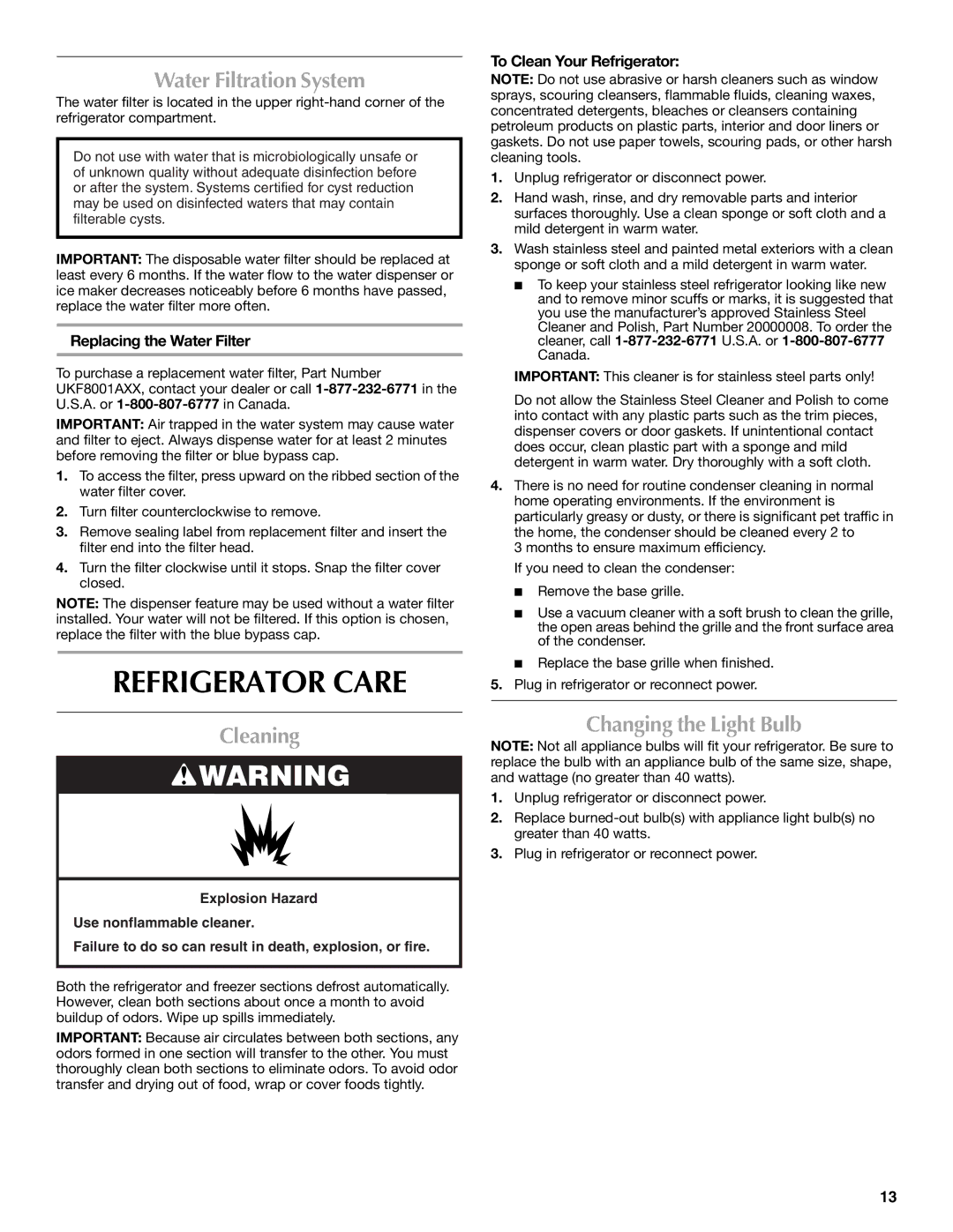 Maytag MFT2771WEM installation instructions Refrigerator Care, Water Filtration System, Cleaning, Changing the Light Bulb 