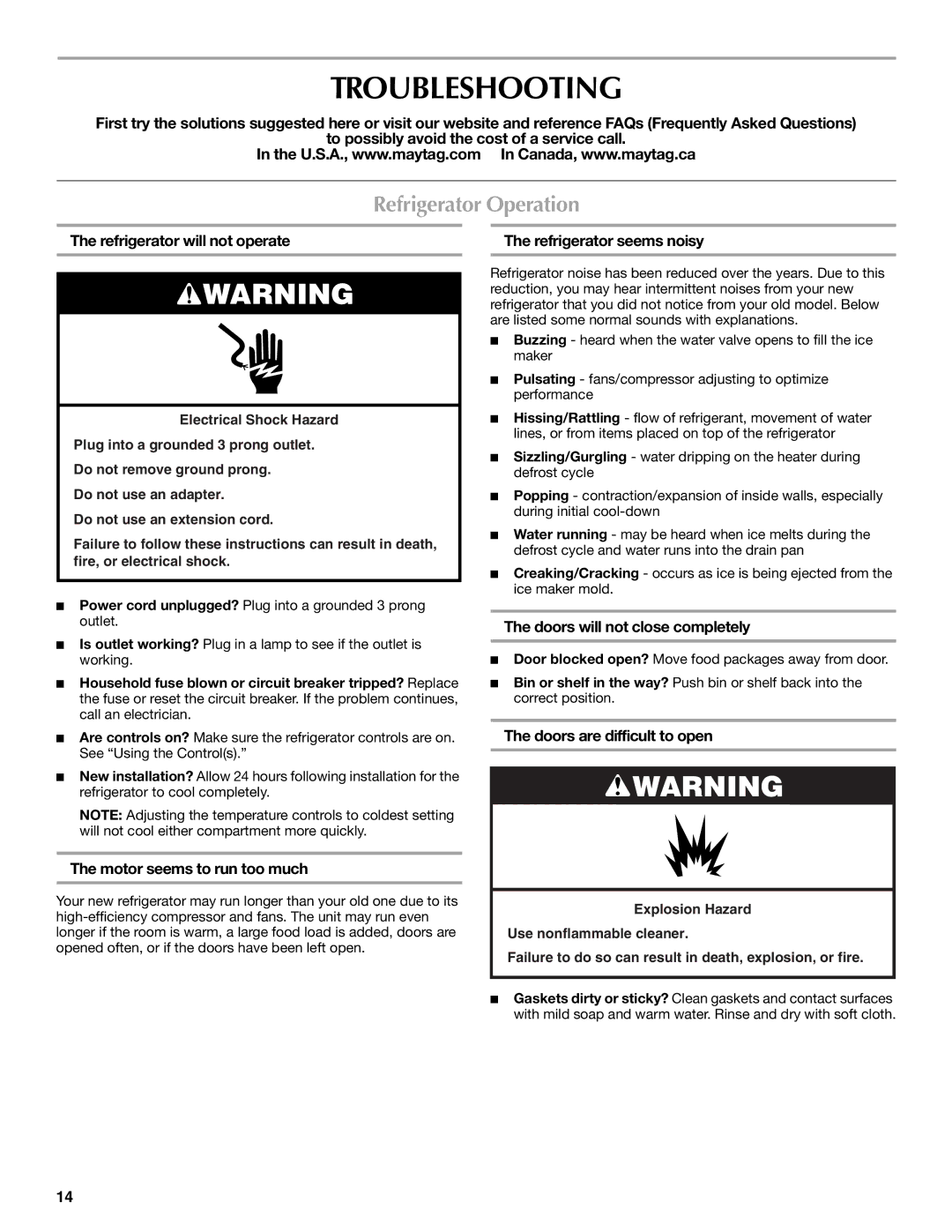 Maytag MFT2771WEM installation instructions Troubleshooting, Refrigerator Operation 