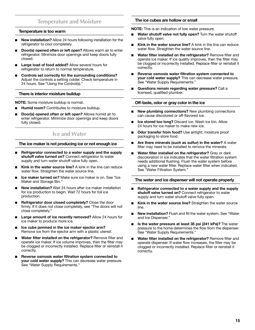 Maytag MFT2771WEM installation instructions Temperature and Moisture, Ice and Water 