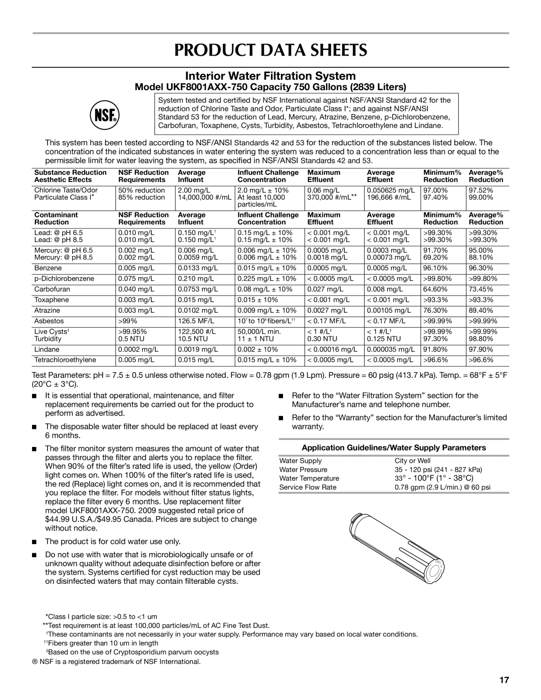 Maytag MFT2771WEM installation instructions Product Data Sheets, Application Guidelines/Water Supply Parameters 