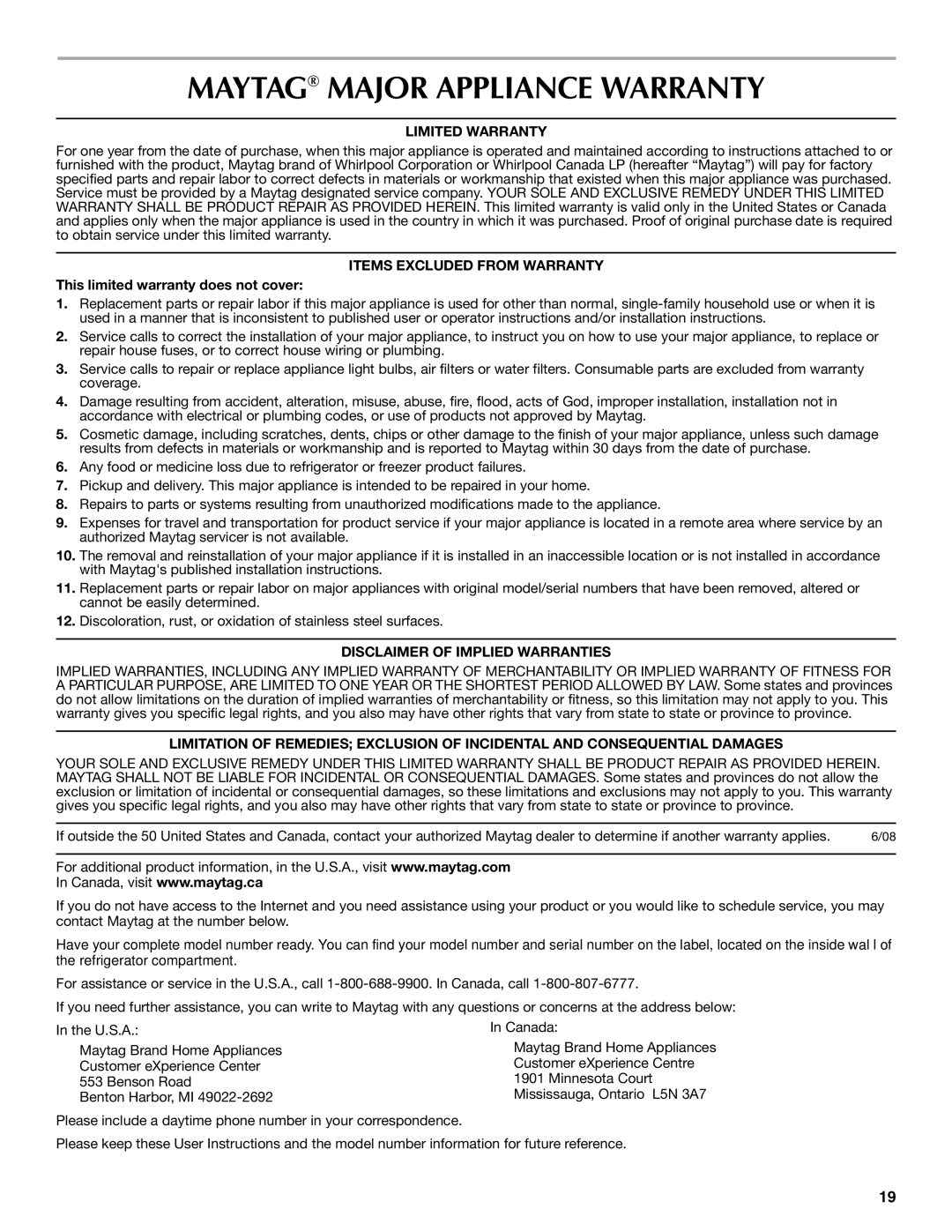 Maytag MFT2771WEM installation instructions Maytag Major Appliance Warranty, Limited Warranty, Items Excluded from Warranty 