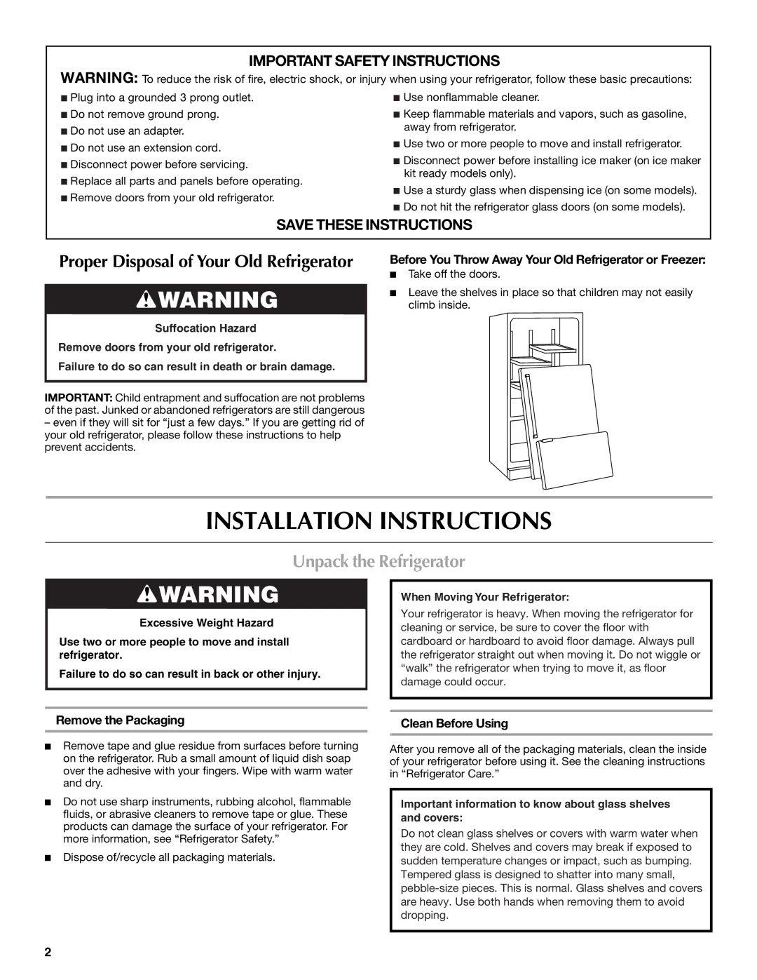 Maytag MFT2771WEM Installation Instructions, Unpack the Refrigerator, Remove the Packaging, Clean Before Using 