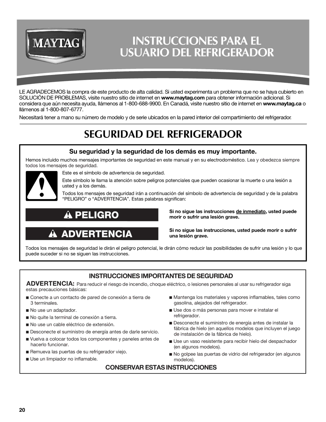 Maytag MFT2771WEM installation instructions Instrucciones Para EL Usuario DEL Refrigerador, Seguridad DEL Refrigerador 