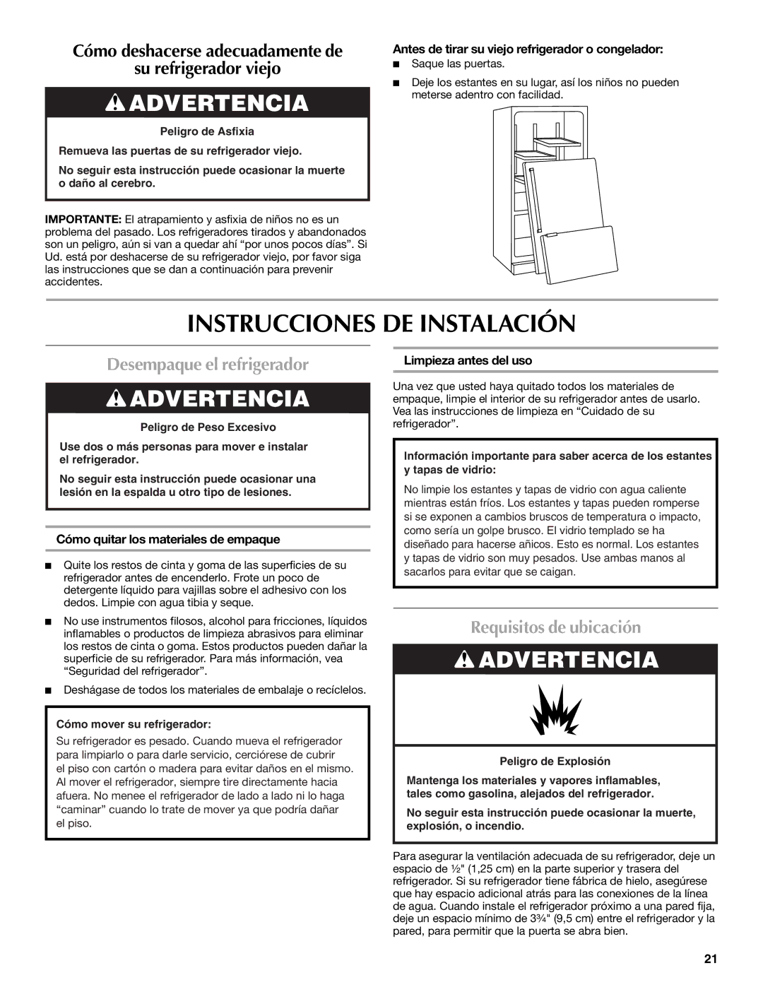 Maytag MFT2771WEM Instrucciones DE Instalación, Desempaque el refrigerador, Requisitos de ubicación 