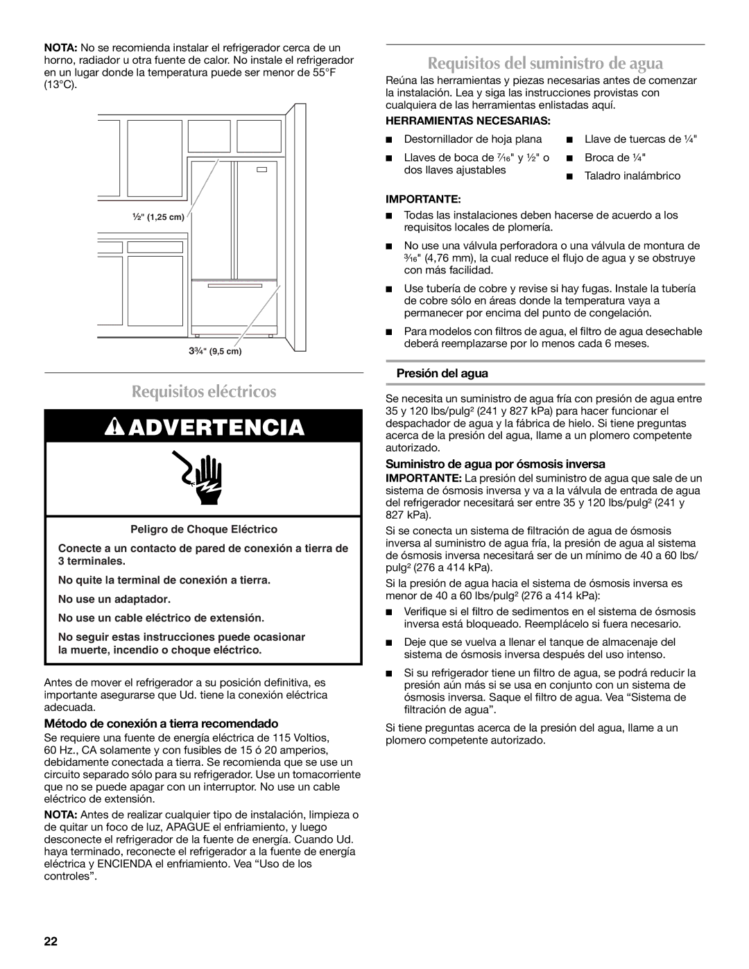 Maytag MFT2771WEM Requisitos eléctricos, Requisitos del suministro de agua, Método de conexión a tierra recomendado 