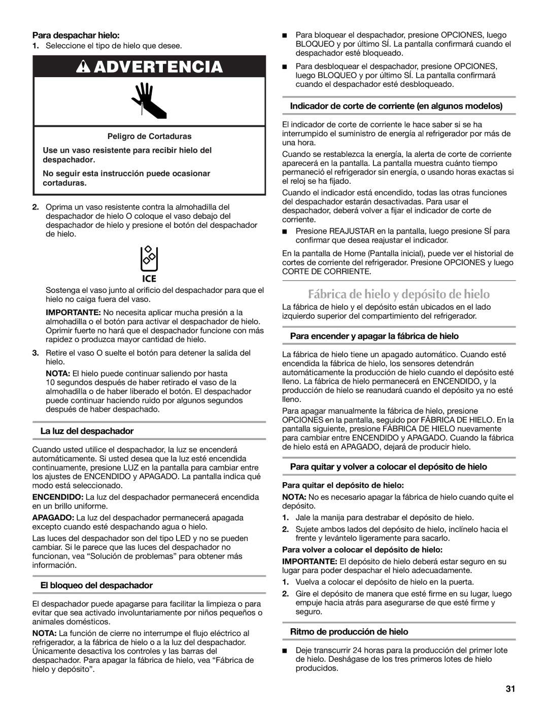 Maytag MFT2771WEM installation instructions Fábrica de hielo y depósito de hielo 