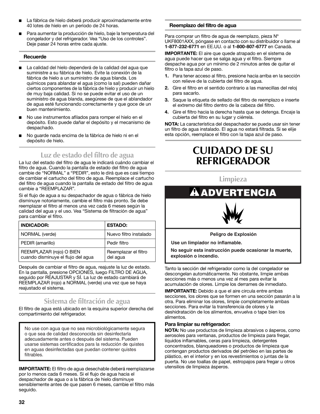 Maytag MFT2771WEM Cuidado DE SU Refrigerador, Luz de estado del filtro de agua, Sistema de filtración de agua, Limpieza 