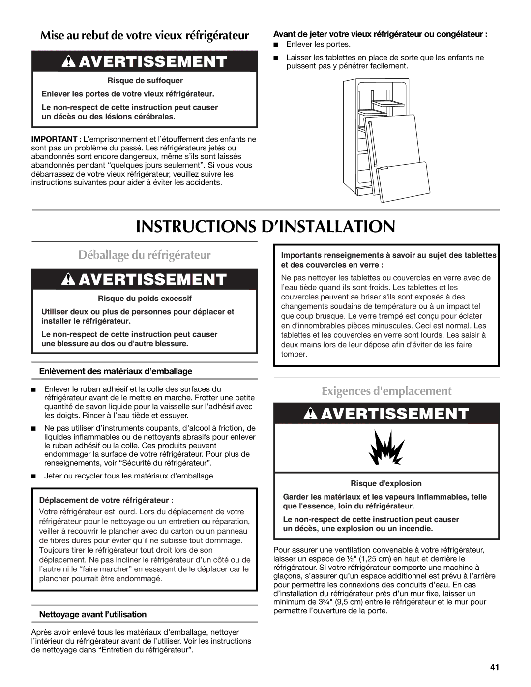 Maytag MFT2771WEM installation instructions Instructions D’INSTALLATION, Déballage du réfrigérateur, Exigences demplacement 