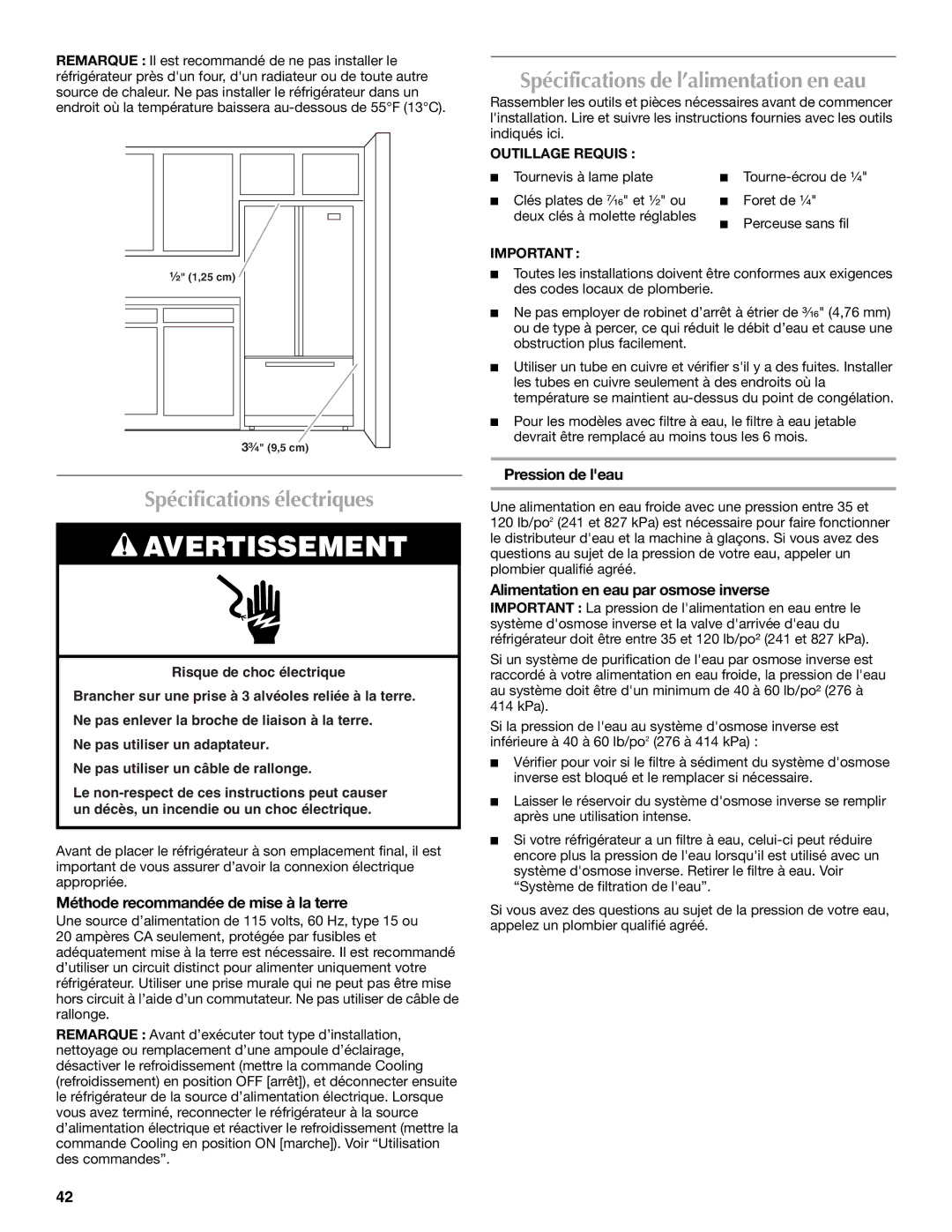 Maytag MFT2771WEM Spécifications électriques, Spécifications de l’alimentation en eau, Pression de leau 