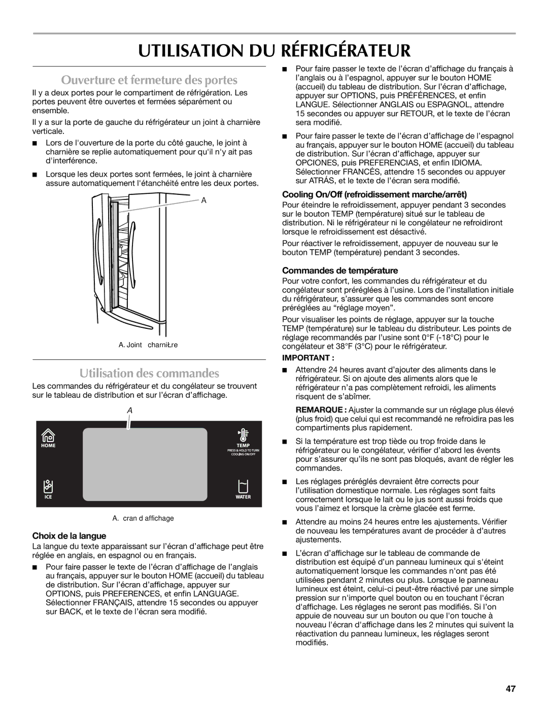 Maytag MFT2771WEM Utilisation DU Réfrigérateur, Ouverture et fermeture des portes, Utilisation des commandes 