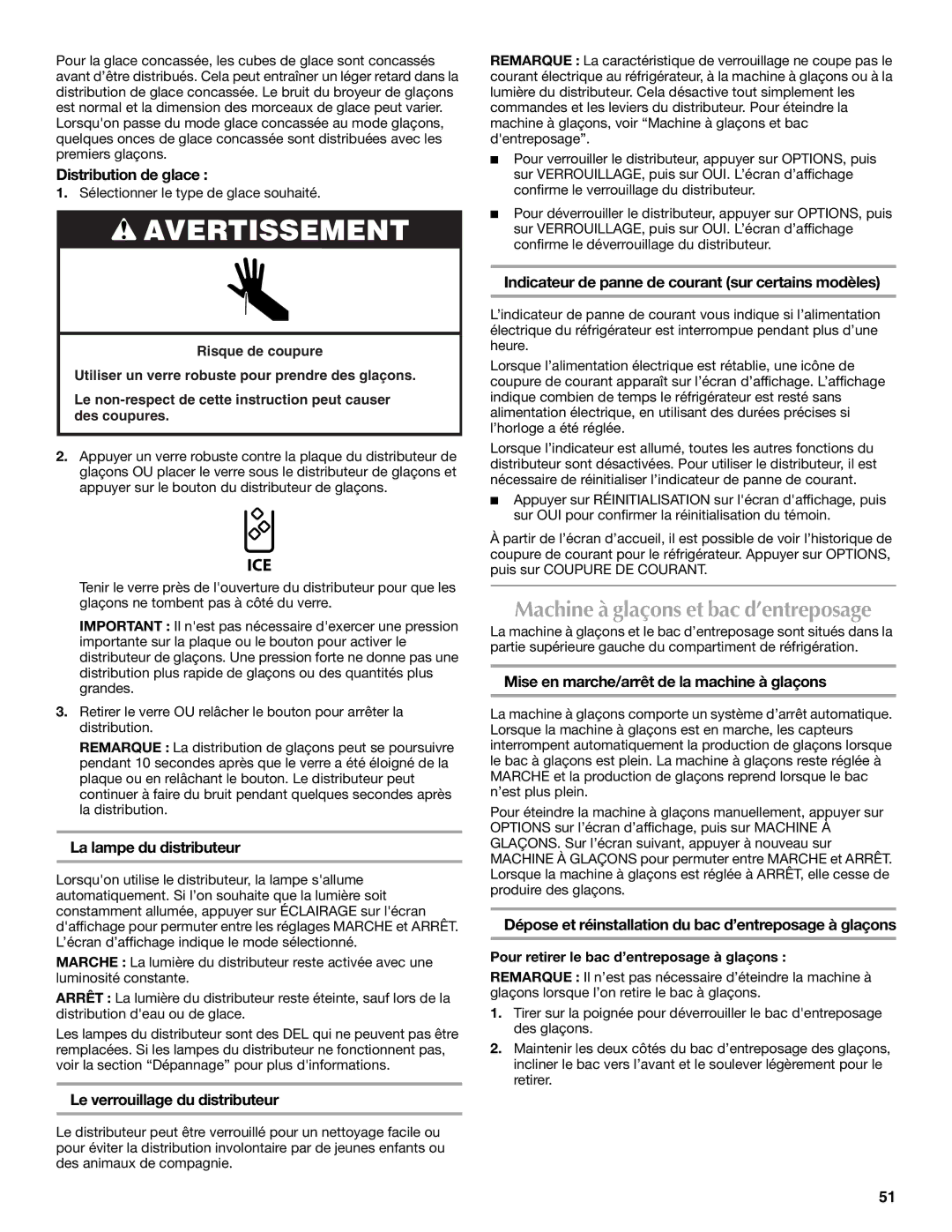 Maytag MFT2771WEM installation instructions Machine à glaçons et bac d’entreposage 