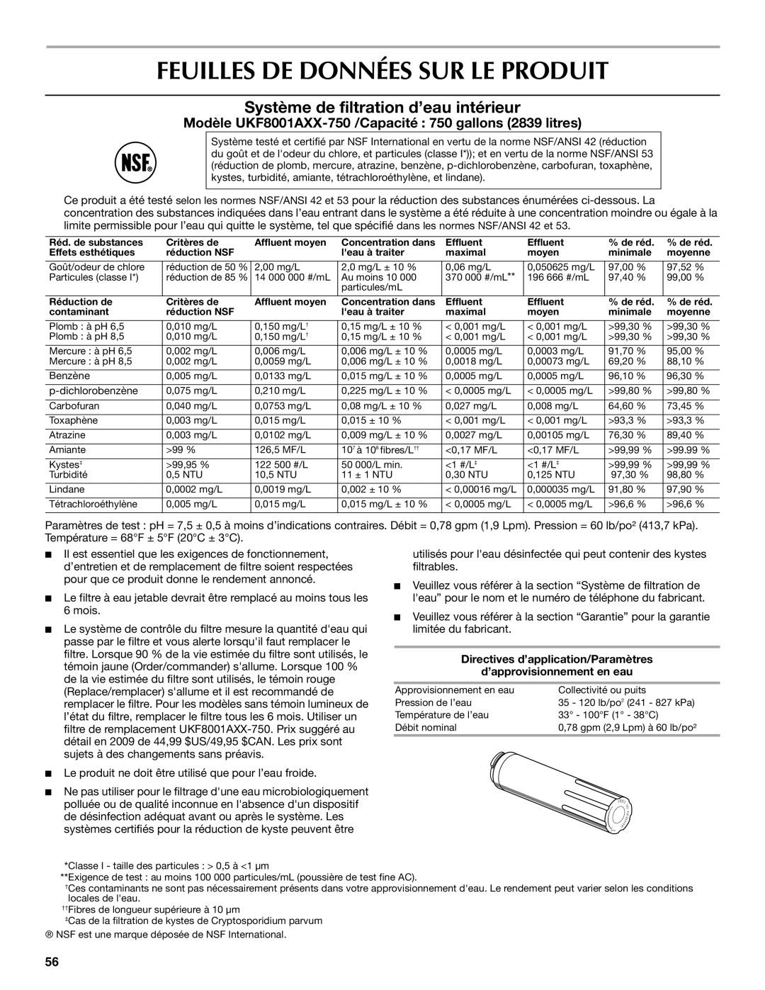 Maytag MFT2771WEM installation instructions Feuilles DE Données SUR LE Produit, Système de filtration d’eau intérieur 