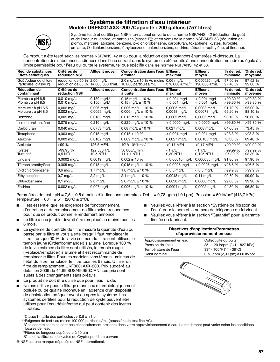 Maytag MFT2771WEM installation instructions Modèle UKF8001AXX-200 /Capacité 200 gallons 757 litres 