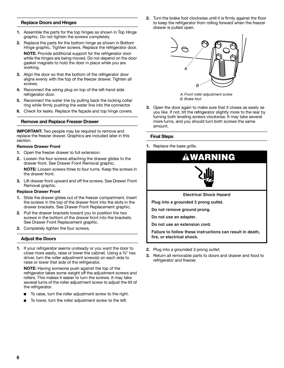 Maytag MFT2771WEM Replace Doors and Hinges, Remove and Replace Freezer Drawer, Adjust the Doors, Final Steps 