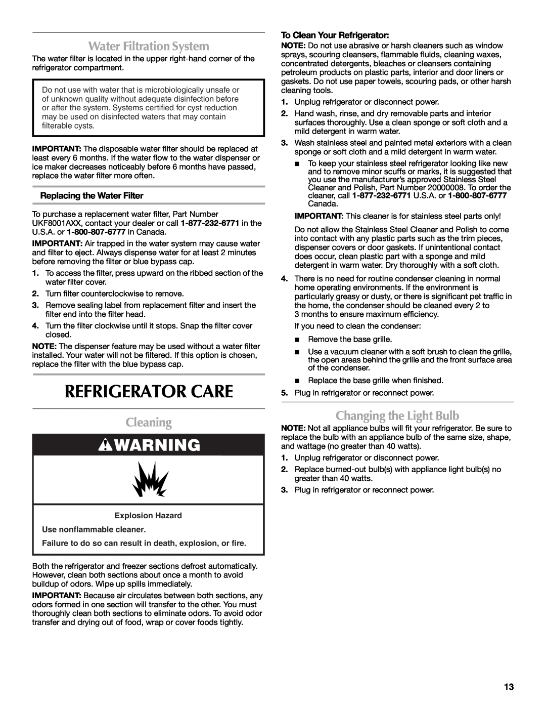 Maytag MFT2771WEM installation instructions Refrigerator Care, Water Filtration System, Cleaning, Changing the Light Bulb 