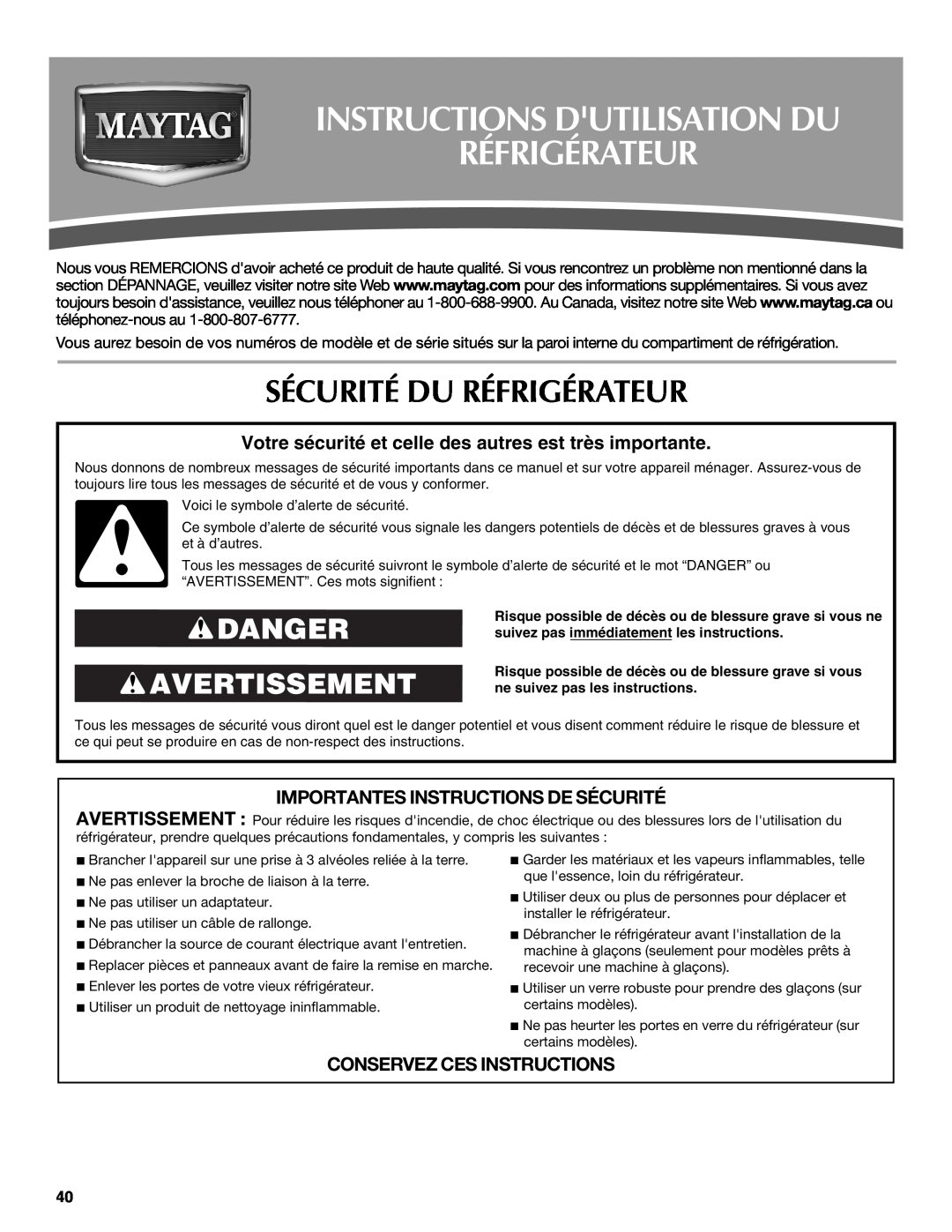 Maytag MFT2771WEM Instructions Dutilisation Du Réfrigérateur, Sécurité Du Réfrigérateur, Danger Avertissement 