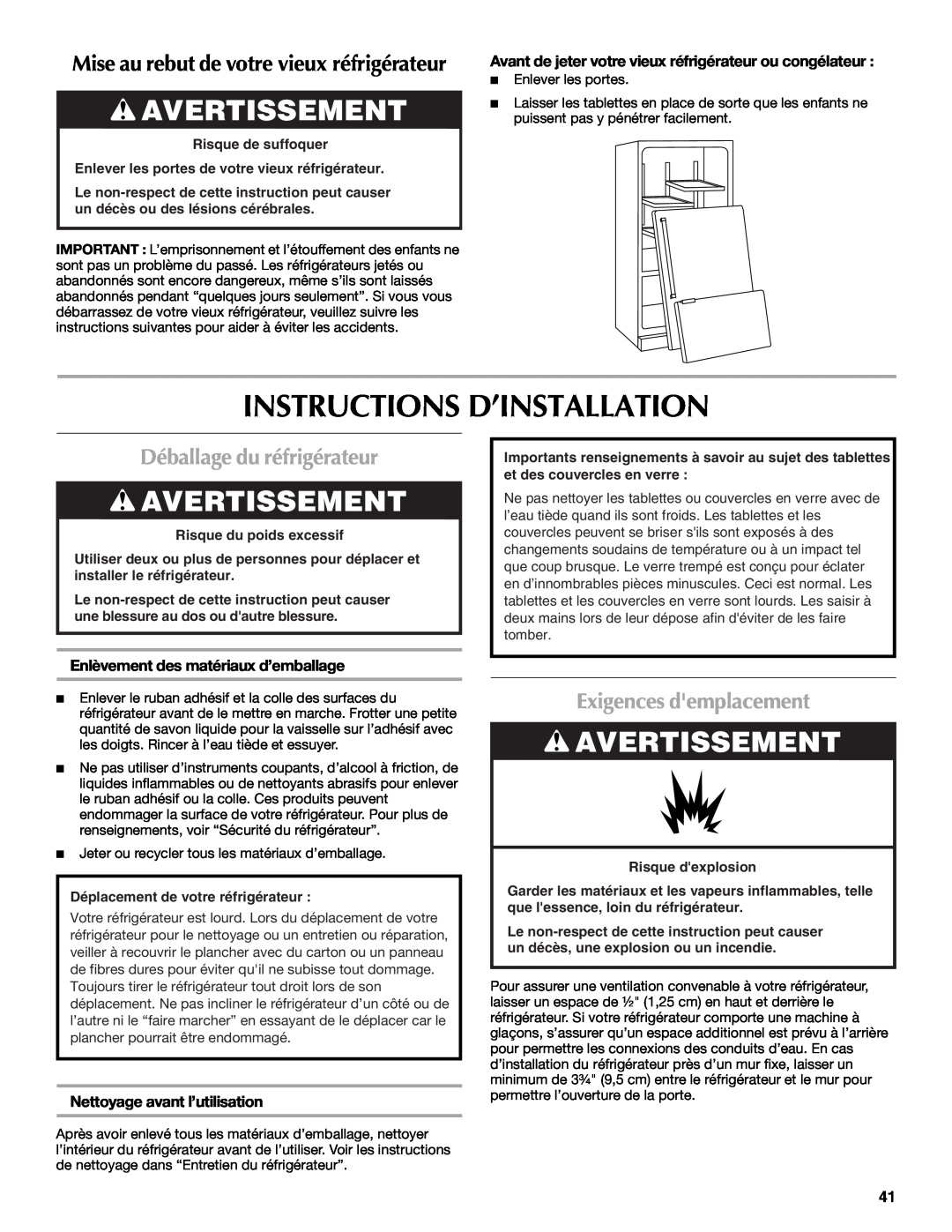 Maytag MFT2771WEM Instructions D’Installation, Avertissement, Déballage du réfrigérateur, Exigences demplacement 