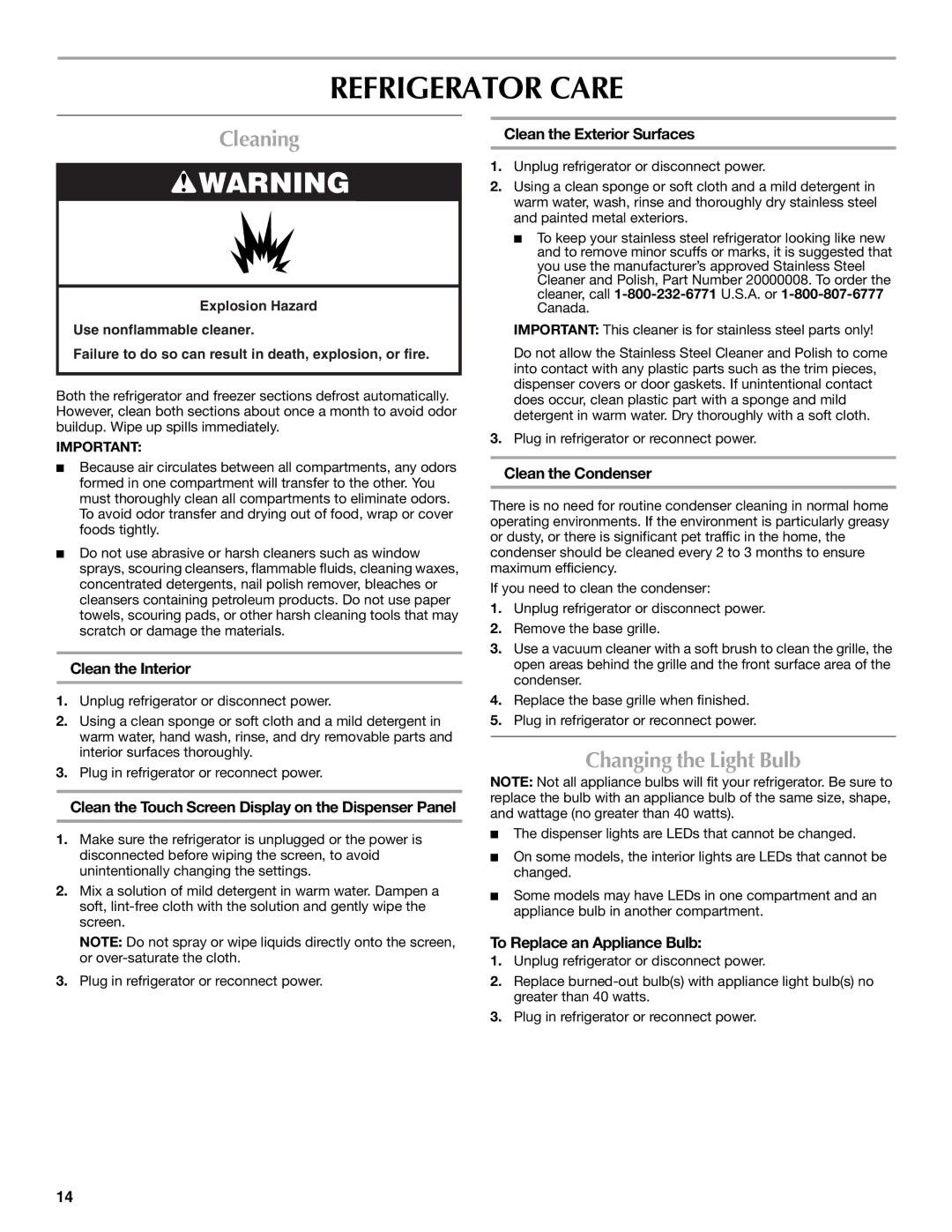 Maytag W10294936A, MFX2571XEW, W10295064A installation instructions Refrigerator Care, Cleaning, Changing the Light Bulb 