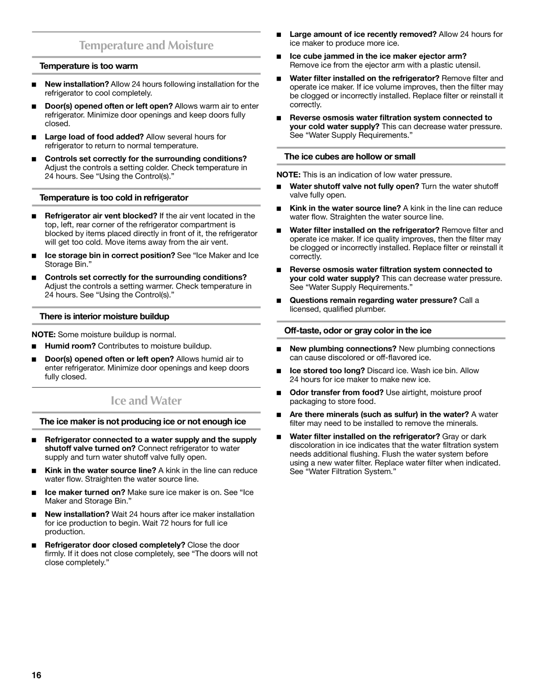 Maytag W10295064A, MFX2571XEW, W10294936A installation instructions Temperature and Moisture, Ice and Water 