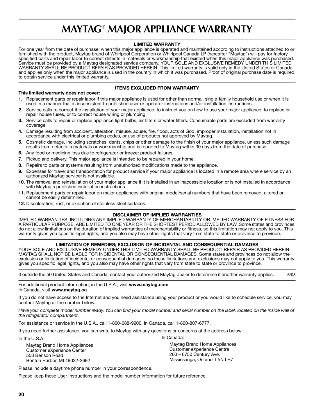 Maytag W10294936A, MFX2571XEW, W10295064A Maytag Major Appliance Warranty, Limited Warranty, Items Excluded from Warranty 