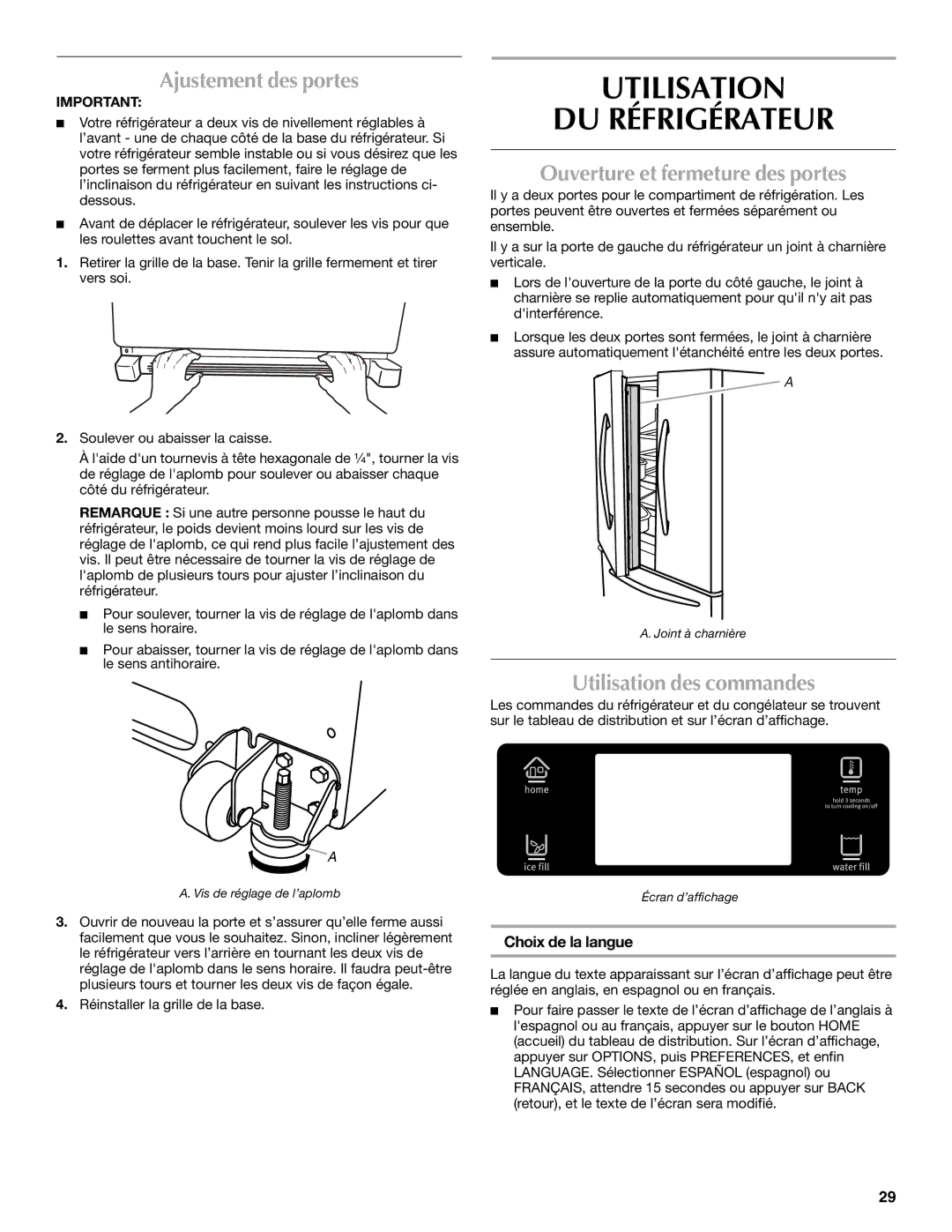 Maytag W10294936A, MFX2571XEW Utilisation DU Réfrigérateur, Ajustement des portes, Ouverture et fermeture des portes 