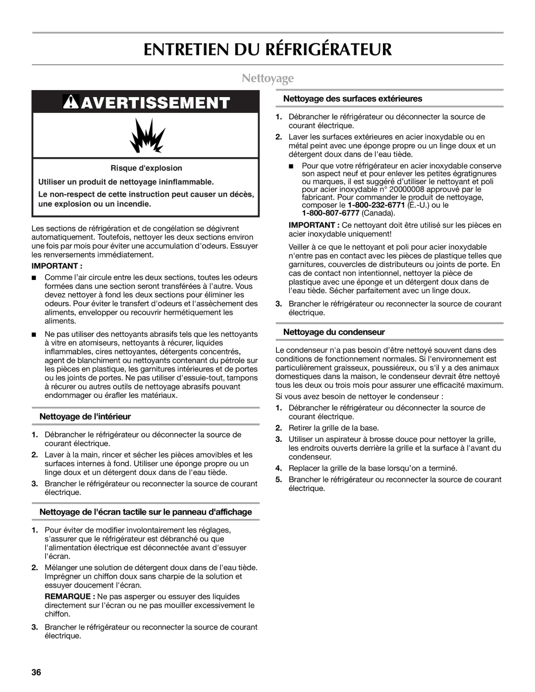 Maytag MFX2571XEW, W10295064A, W10294936A installation instructions Entretien DU Réfrigérateur, Nettoyage 