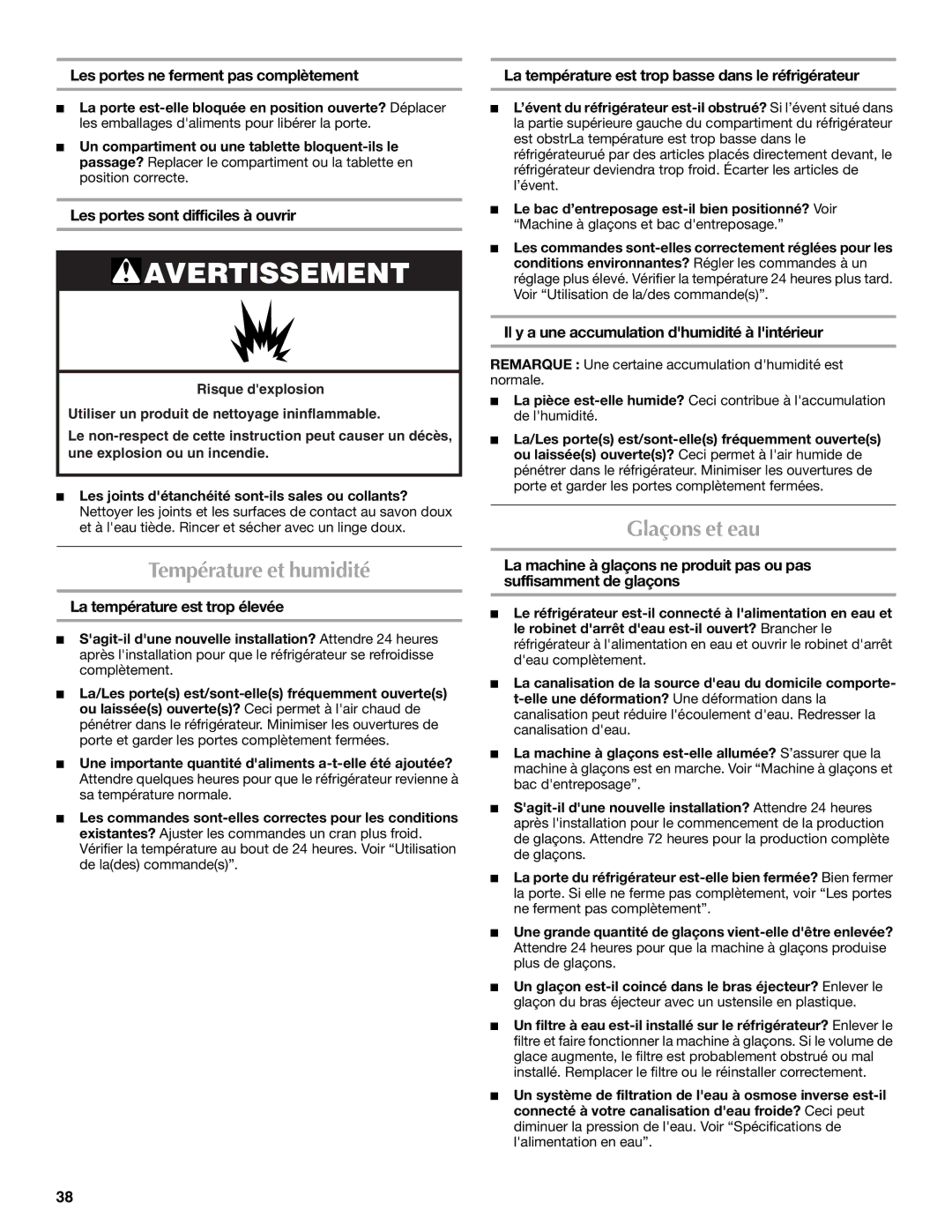 Maytag W10294936A, MFX2571XEW, W10295064A installation instructions Température et humidité, Glaçons et eau 