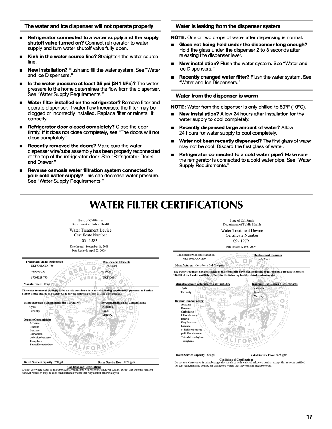 Maytag W10294936A, MFX2571XEW Water Filter Certifications, The water and ice dispenser will not operate properly 