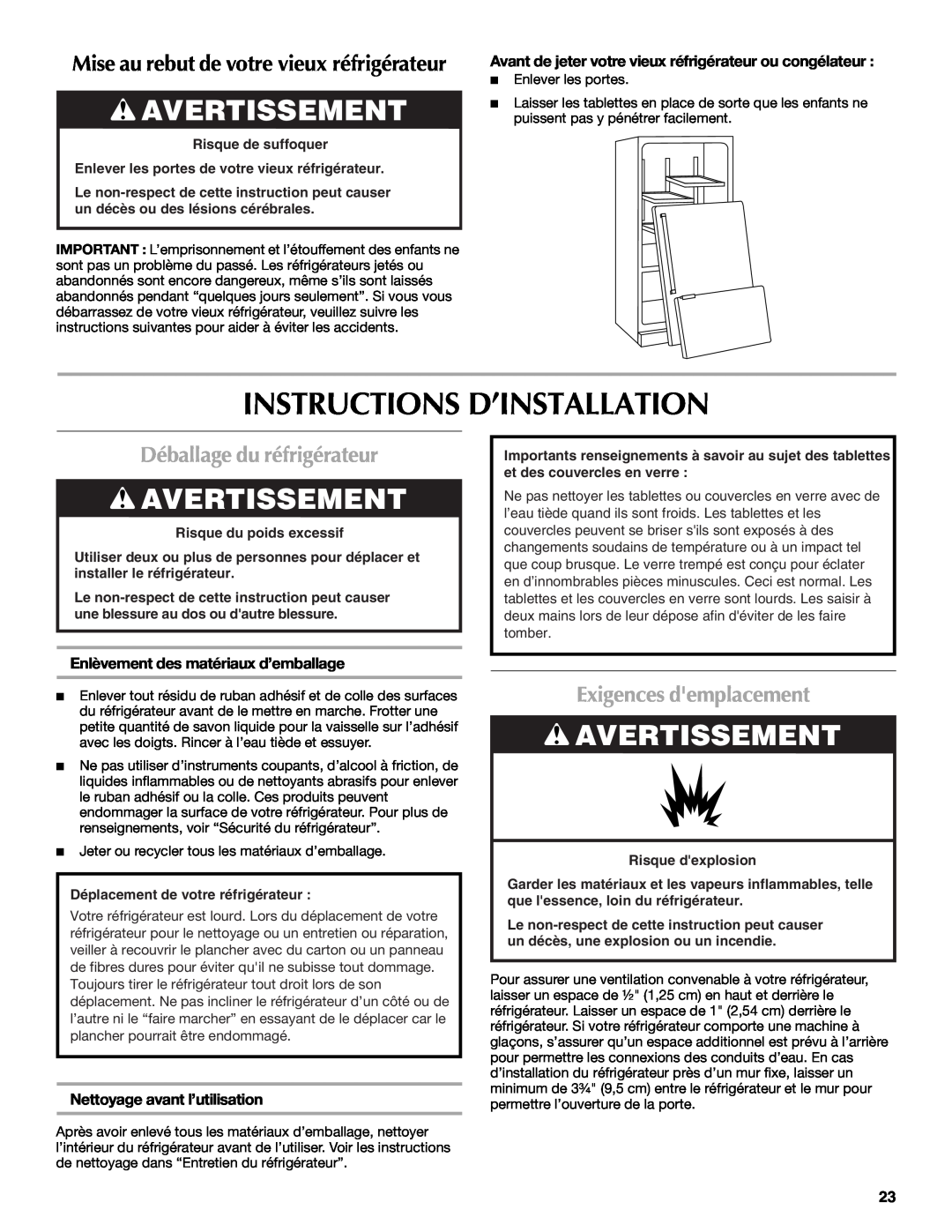 Maytag W10294936A Instructions D’Installation, Avertissement, Déballage du réfrigérateur, Exigences demplacement 