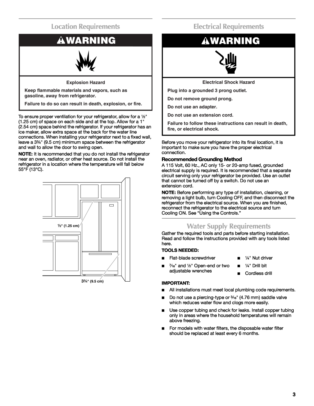 Maytag MFX2571XEW Location Requirements, Electrical Requirements, Water Supply Requirements, Recommended Grounding Method 
