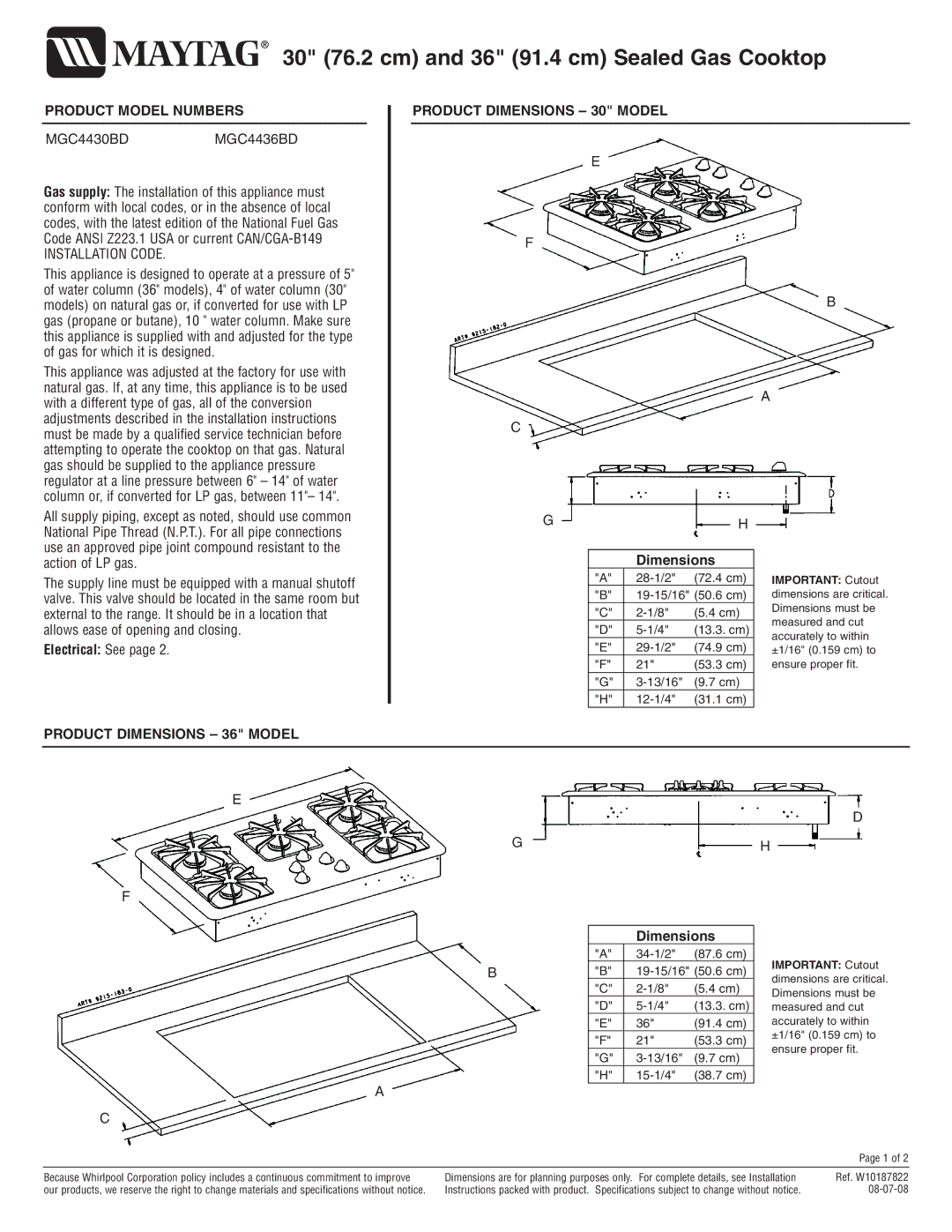 Maytag MGC4436BD, MGC4430BD dimensions Product Model Numbers, Product Dimensions 30 Model, Electrical See 