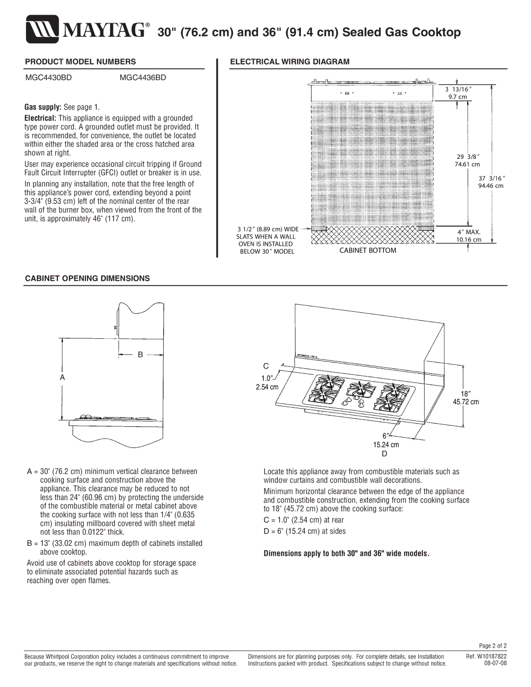 Maytag MGC4430BD, MGC4436BD Gas supply See, Cabinet Opening Dimensions Electrical Wiring Diagram, 18″ 45.72 cm 15.24 cm 