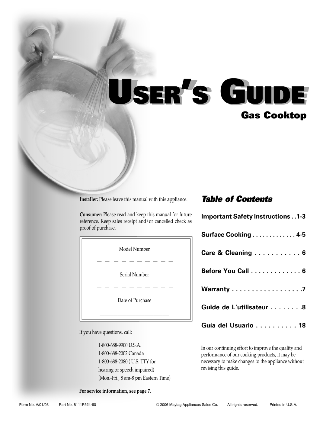 Maytag MGC4436BDB important safety instructions USER’S Guide, Gas Cooktop 