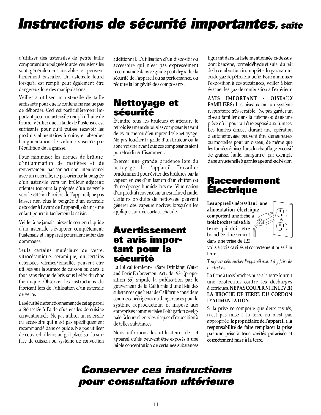 Maytag MGC4436BDB Instructions de sécurité importantes, suite, Nettoyage et sécurité, Raccordement Électrique 