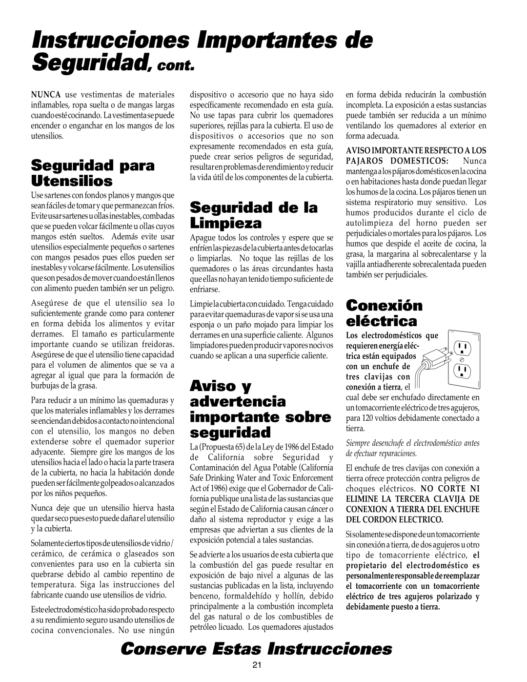 Maytag MGC4436BDB Instrucciones Importantes de Seguridad, Seguridad para Utensilios, Seguridad de la Limpieza 