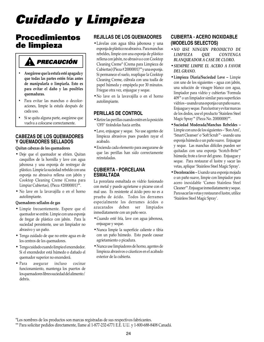 Maytag MGC4436BDB Cuidado y Limpieza, Procedimientos de limpieza, Perillas DE Control, Cubierta Porcelana Esmaltada 