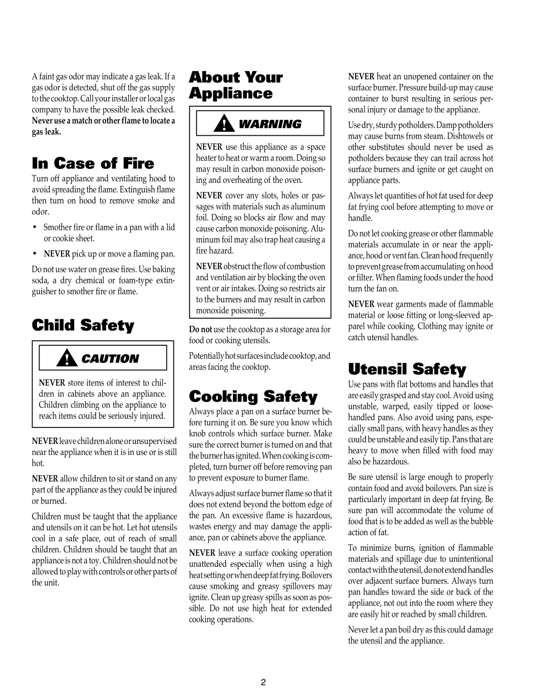 Maytag MGC4436BDB Case of Fire, Child Safety, About Your Appliance, Cooking Safety, Utensil Safety 