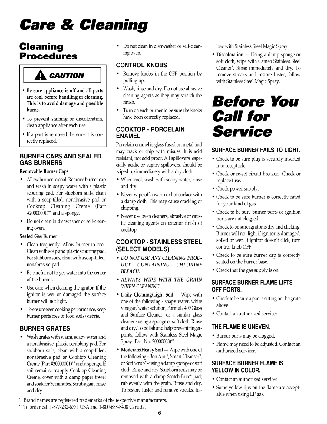 Maytag MGC4436BDB important safety instructions Care & Cleaning, Before You Call for Service, Cleaning Procedures 