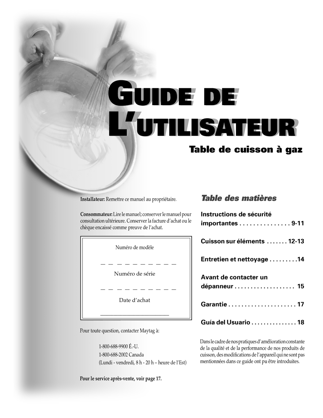 Maytag MGC4436BDB important safety instructions Table de cuisson à gaz, Installateur Remettre ce manuel au propriétaire 