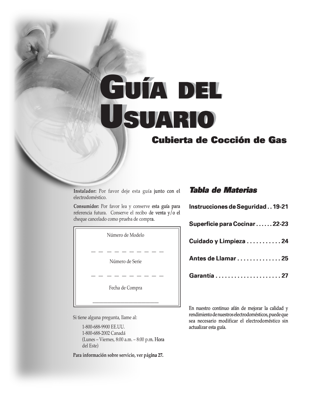 Maytag MGC4436BDB Guía Del Usuario, Cubierta de Cocción de Gas, Tabla de Materias, Antes de Llamar Garantía 