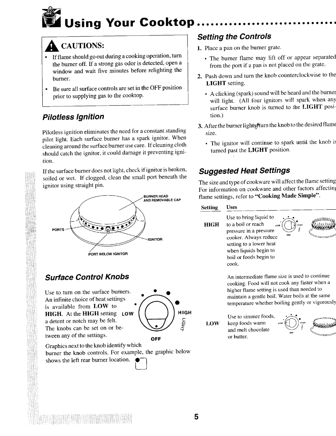 Maytag MGC5430 manual Using Your Cooktop, Surface Control Knobs, Setting the Controls, Suggested Heat Settings, Or butt er 