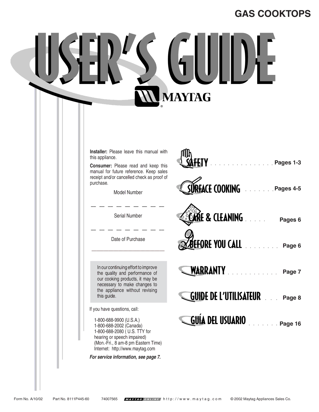 Maytag MGC5430 warranty Pages, Model Number, Serial Number, Date of Purchase 