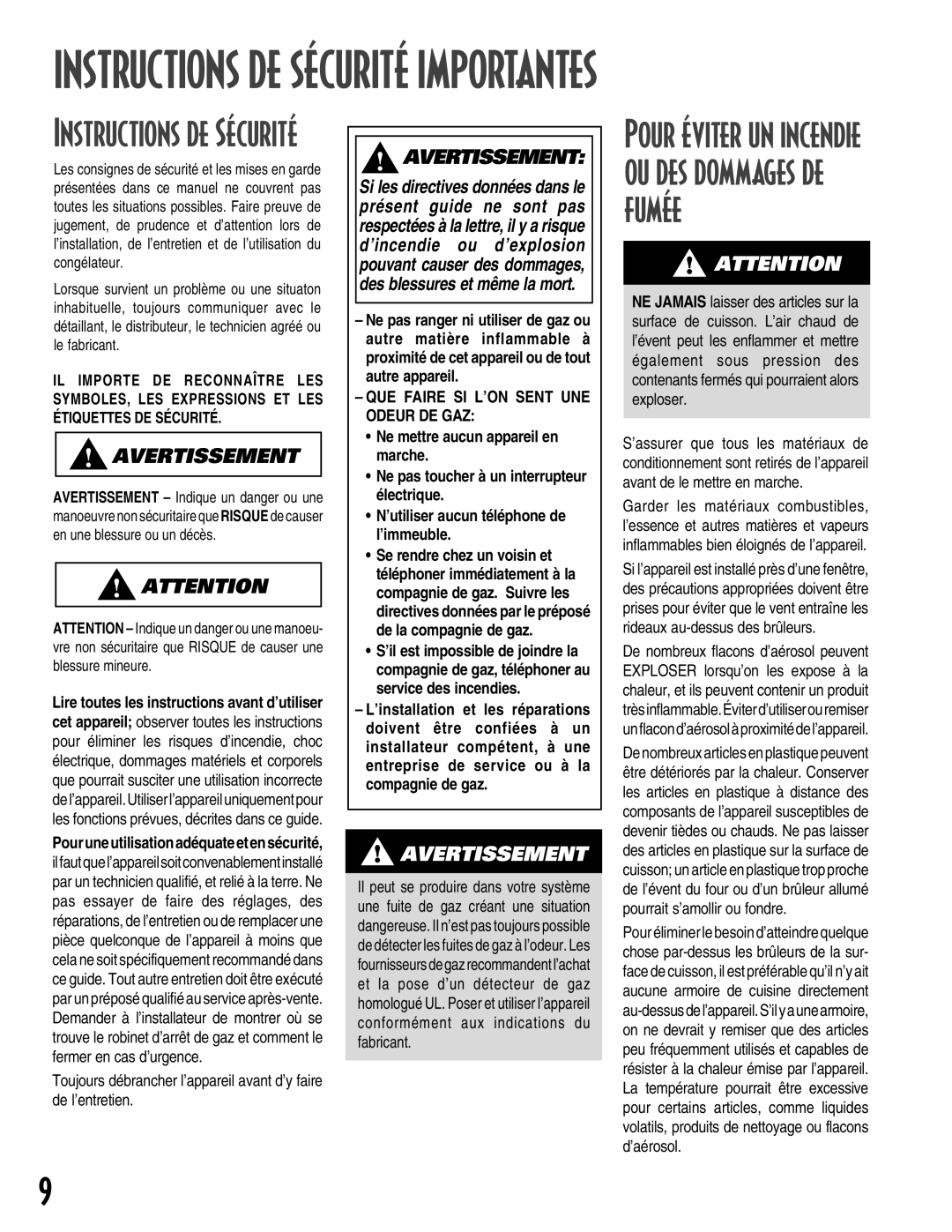 Maytag MGC5430 warranty Instructions de Sécurité, Pour éviter un incendie ou des dommages de fumée 