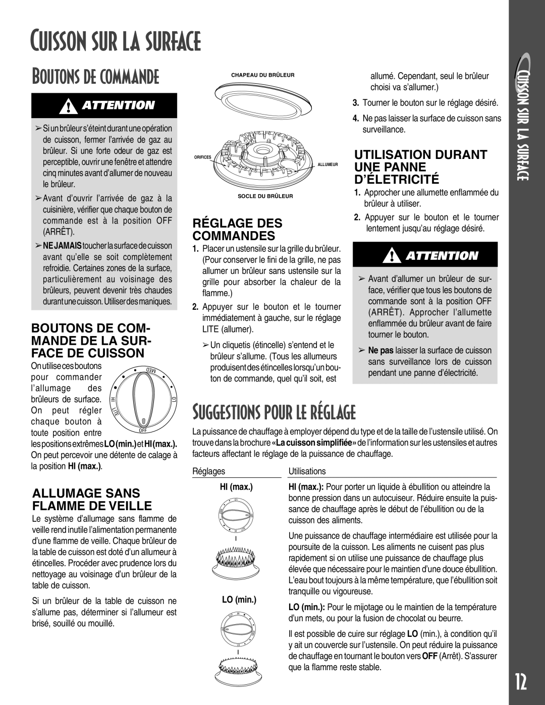 Maytag MGC5430 warranty Cuisson sur la surface, Suggestions pour le réglage, Boutons de commande, Commandes 