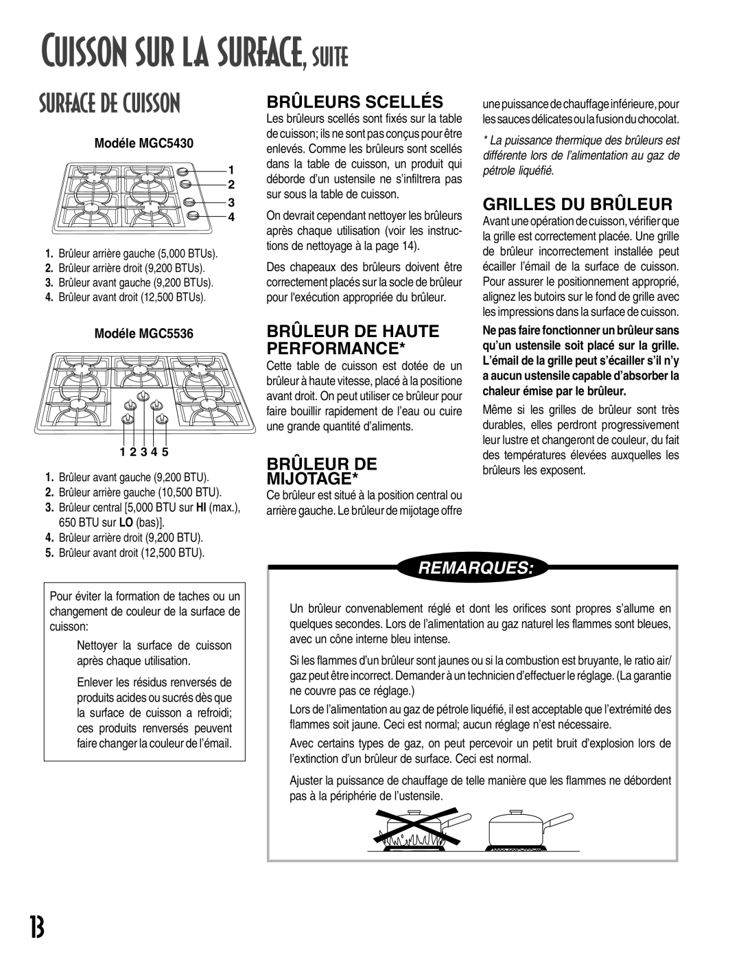 Maytag warranty Mijotage, ModŽle MGC5430, ModŽle MGC5536, Sur sous la table de cuisson, Tions de nettoyage ˆ la 