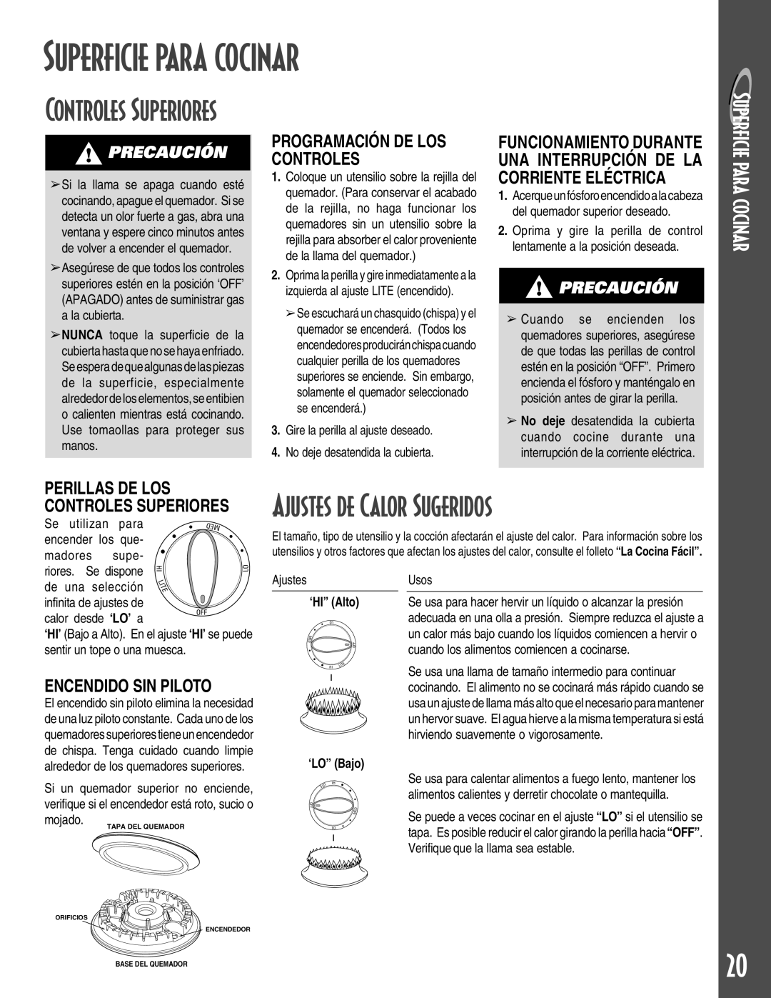 Maytag MGC5430 warranty Superficie para cocinar, Ajustes de Calor Sugeridos, Ôhió Alto, Ôloó Bajo 