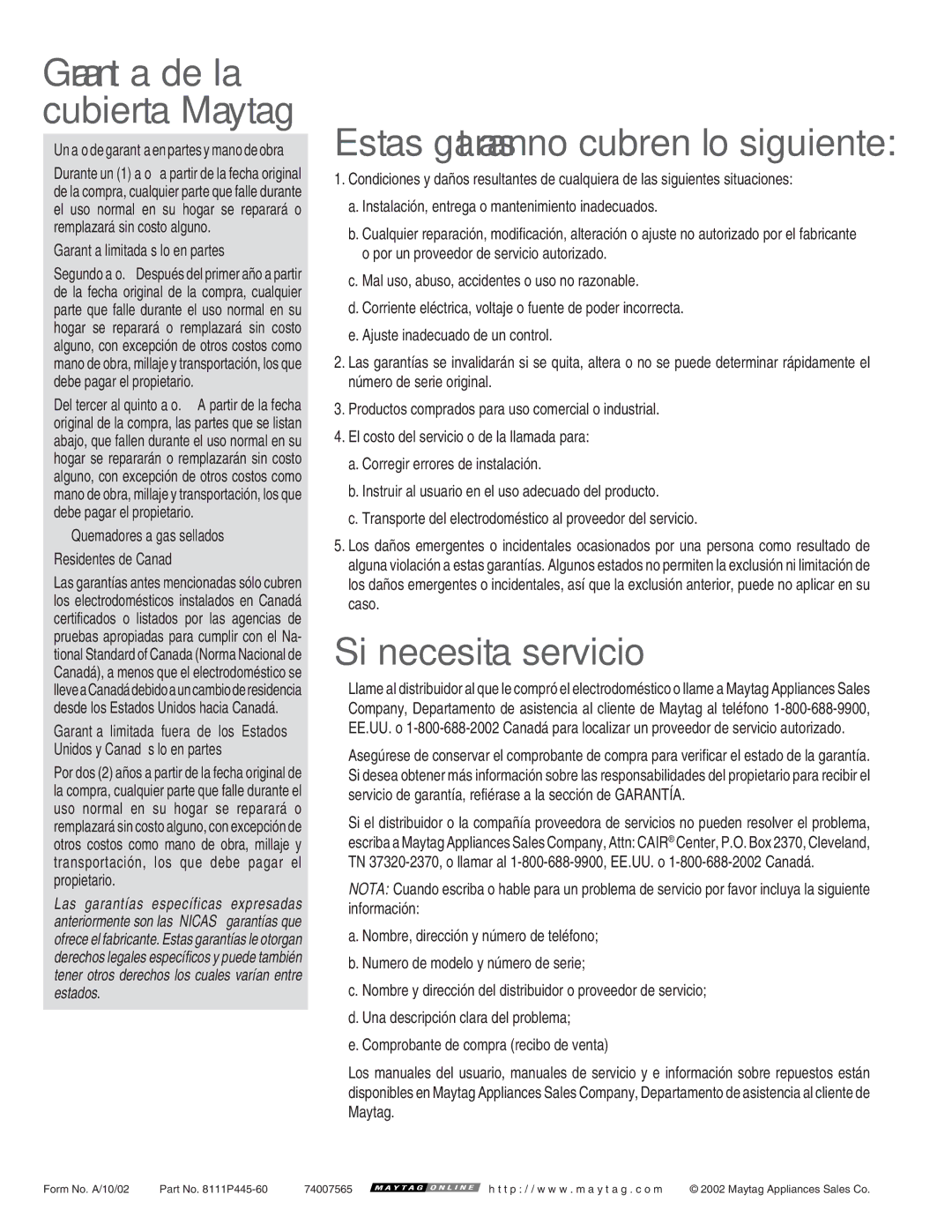 Maytag MGC5430 warranty Si necesita servicio, Garant’a limitada s-lo en partes 