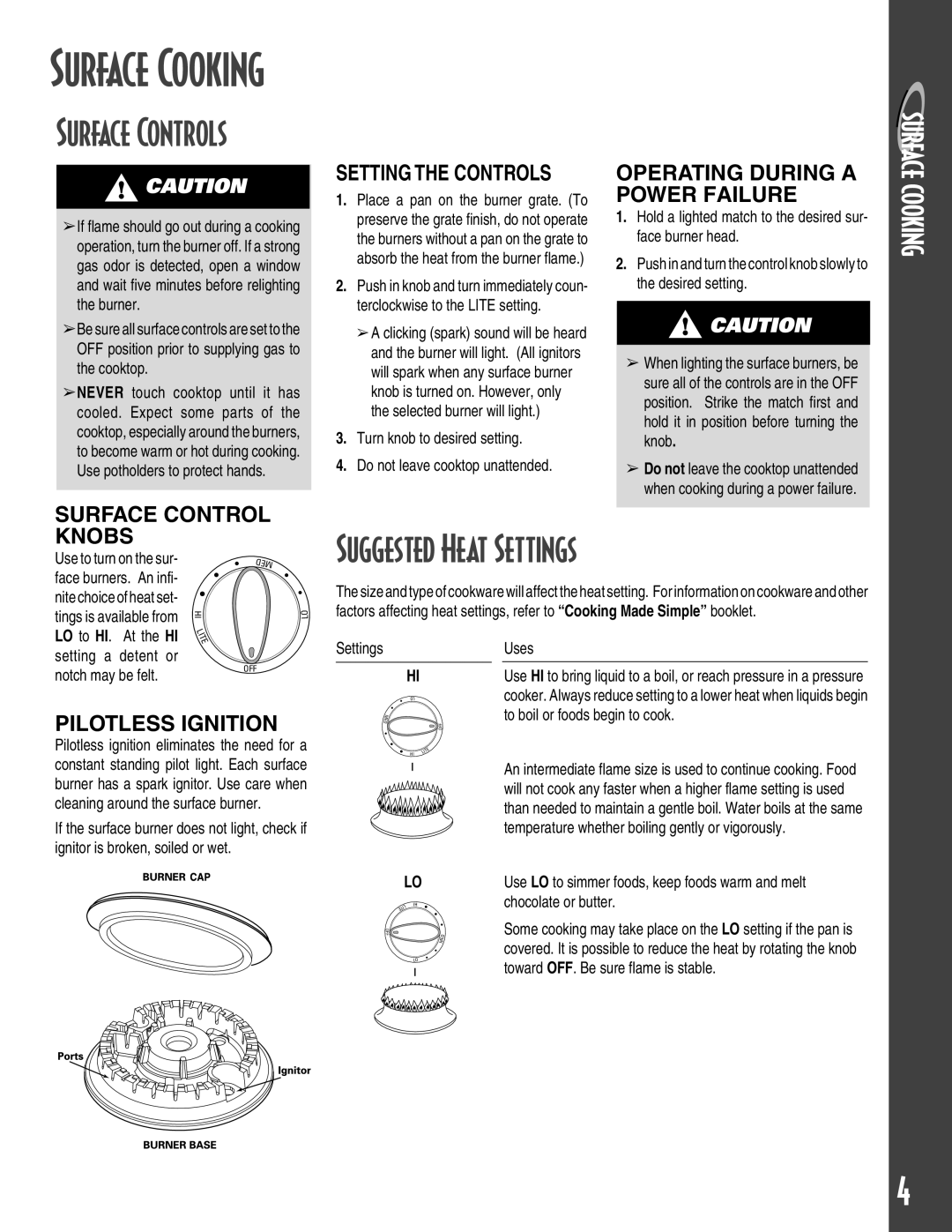 Maytag MGC5430 warranty Surface Controls, Suggested Heat Settings, Operating During a Power Failure, Surface Control Knobs 